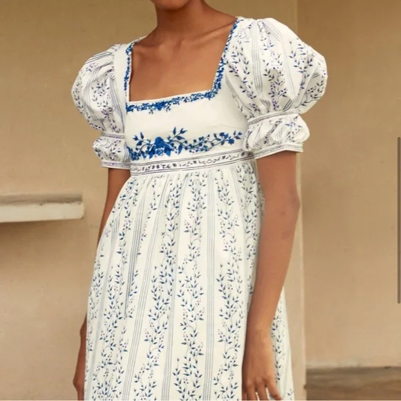 Agua by Agua Bendita Pistachio Beaded Blue Floral Dress Maxi Women's size Medium - Picture 3 of 16